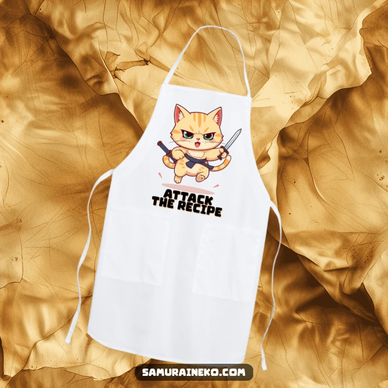 Funny determined cat leaping with a raised sword, durable kitchen apron, great funny gift for cooks.