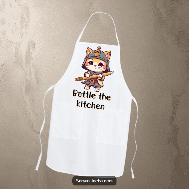 Funny cat character in miniature armor with a bamboo sword, ready for kitchen duty on a practical and fun apron.