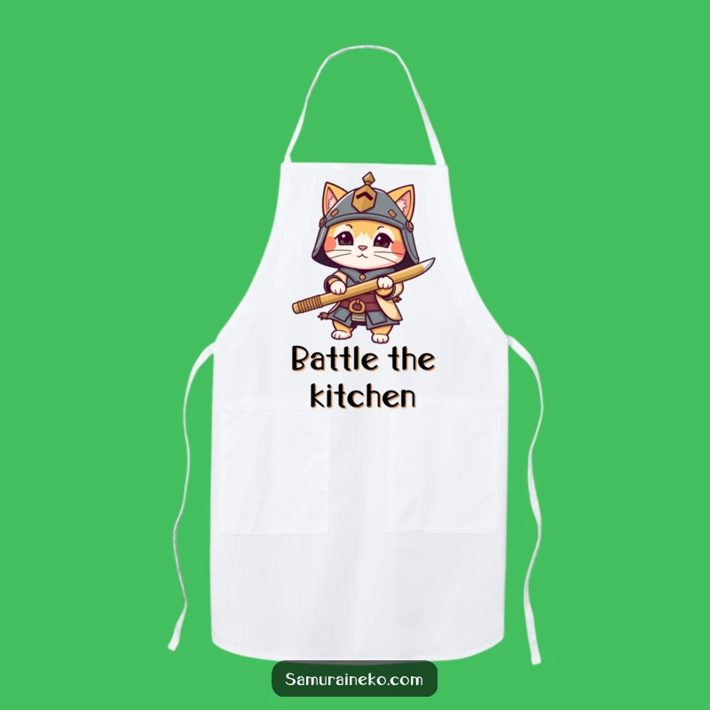 Funny Cat Warrior Apron - Tiny Helmet Bamboo Sword Kitchen Gear