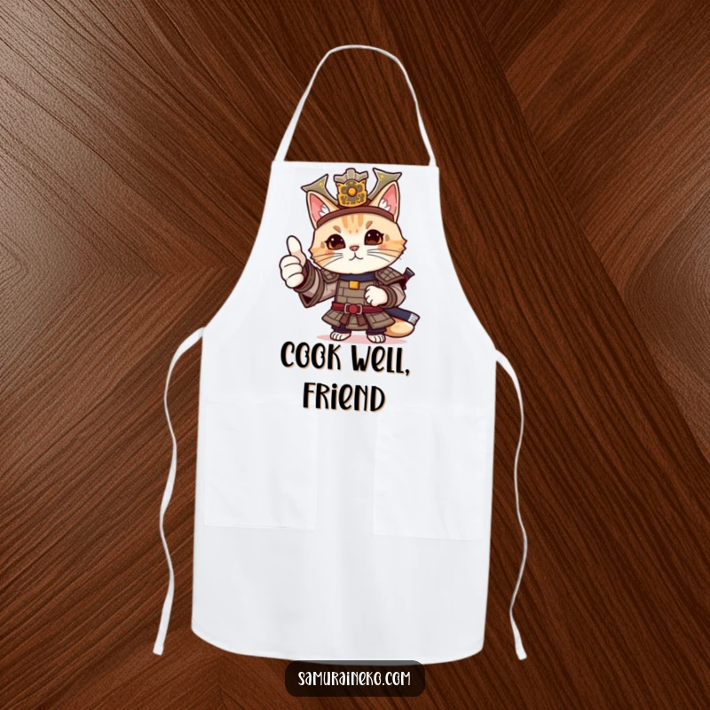 Funny cat samurai apron showing a feline warrior in elaborate armor giving a friendly, enthusiastic thumbs-up.