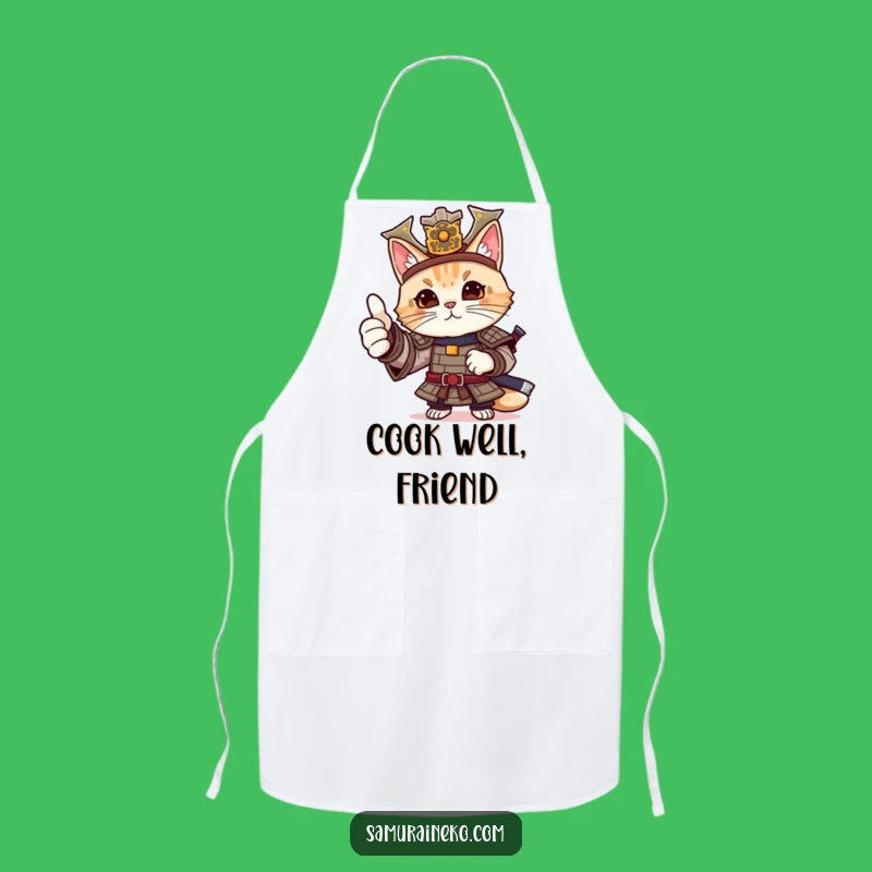 Funny Cat Samurai Thumbs-Up Apron: Cook with Samurai Approval