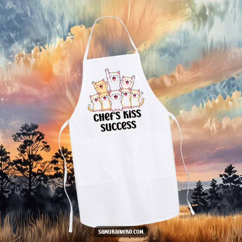 Funny apron showing happy cats celebrating a victory with raised paws, perfect for kitchen celebrations.