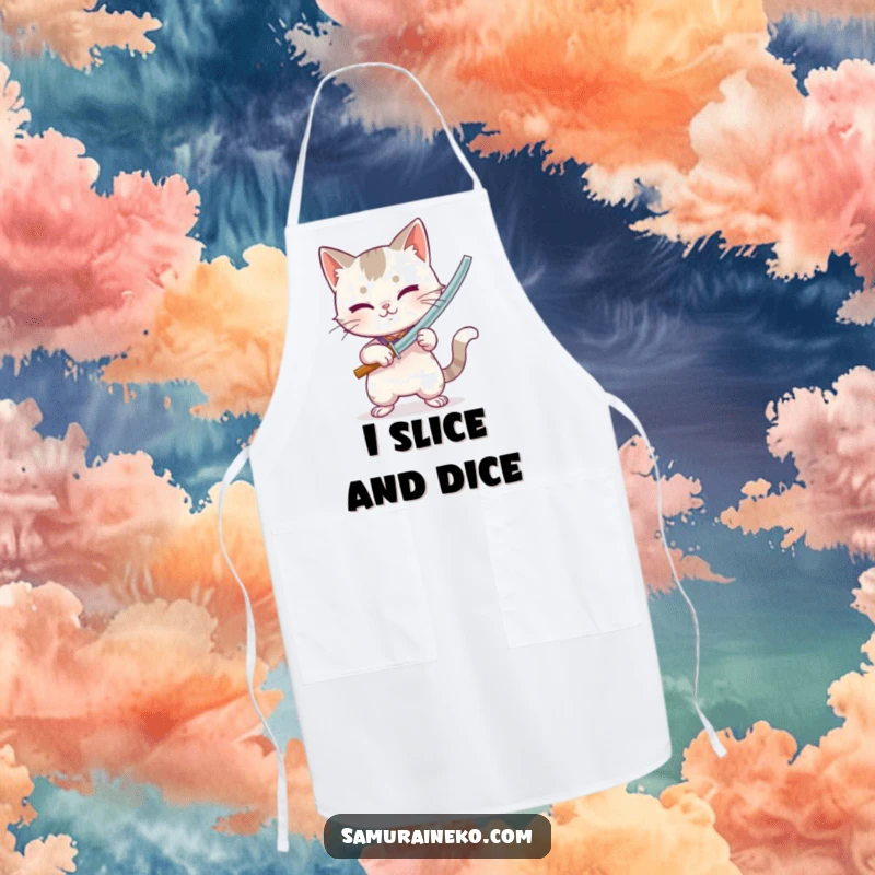 Funny apron featuring a cat brandishing a miniature bamboo sword, ready for culinary battles with playful intensity.