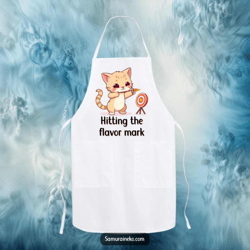 Funny cat archer aiming a miniature arrow at a playful target, ready for kitchen duty on a practical and fun apron.