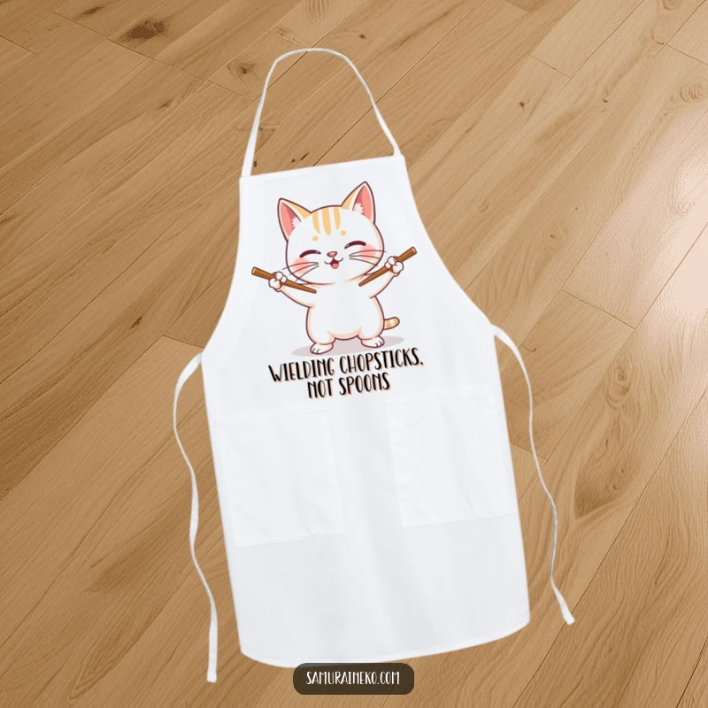 Funny Cat Apron: A grinning cat brandishes chopsticks like swords, ready for kitchen fun.