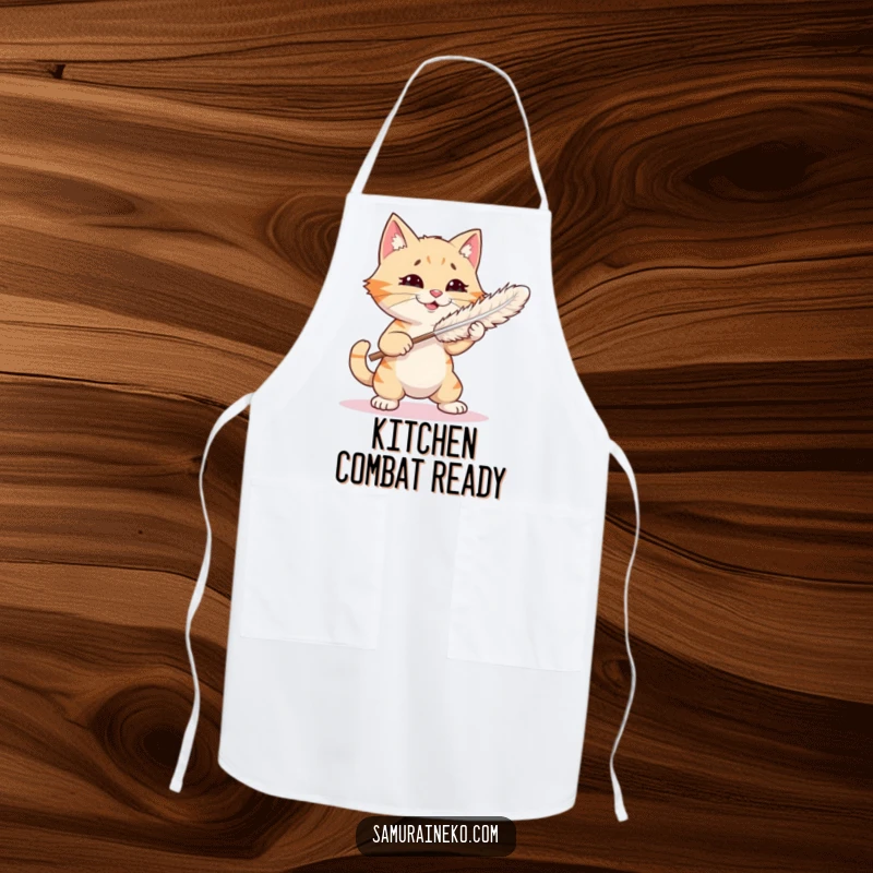 Funny apron featuring a cat in a playful, comical sparring match with a feather duster, ideal for a humorous kitchen experience.