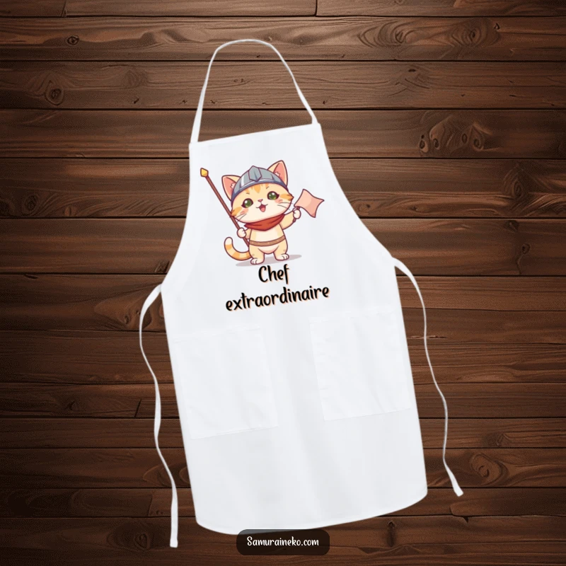 Funny apron: a cat wearing a small helmet holds a victory banner, a humorous accessory for kitchen champions.