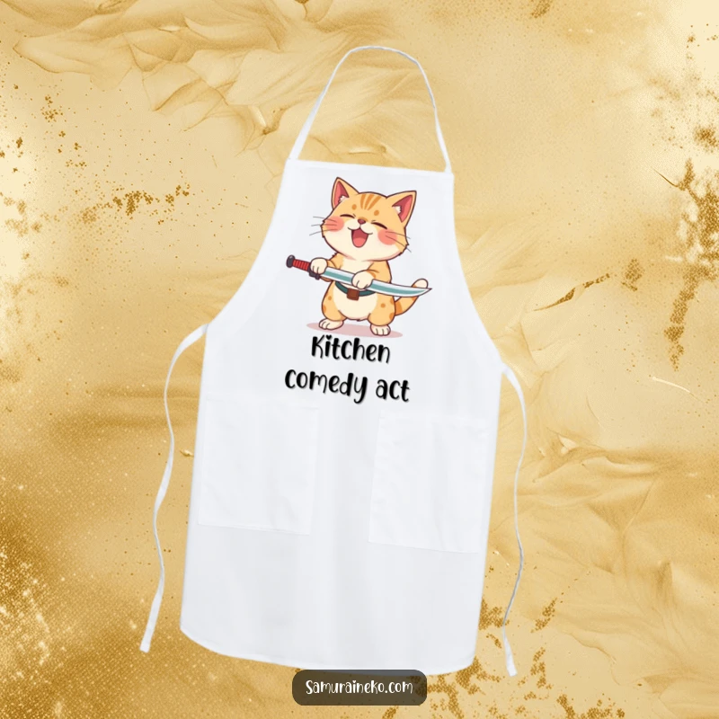 Funny Cat Laughing Sword Apron showing a cat rolling with laughter after a clumsy sword swing, ideal for cheerful cooking.