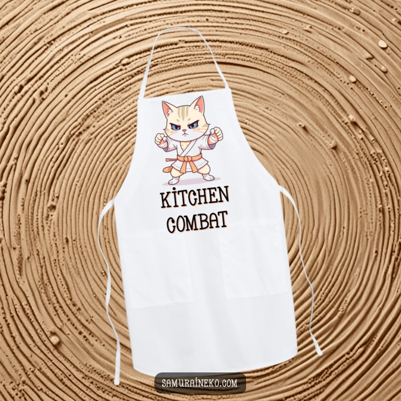 Funny cat warrior apron showcasing exaggerated, comical martial arts stances, perfect for a humorous cooking experience.
