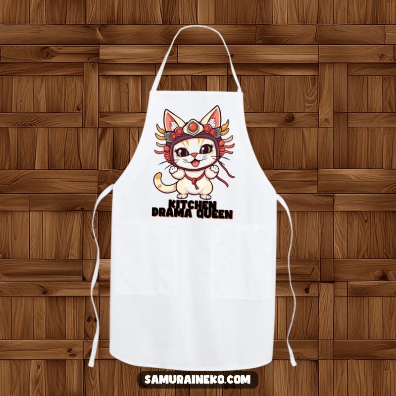 Funny Cat Mask Apron showing a cat in a traditional mask striking a theatrical pose, ideal for adding flair to kitchen duties.