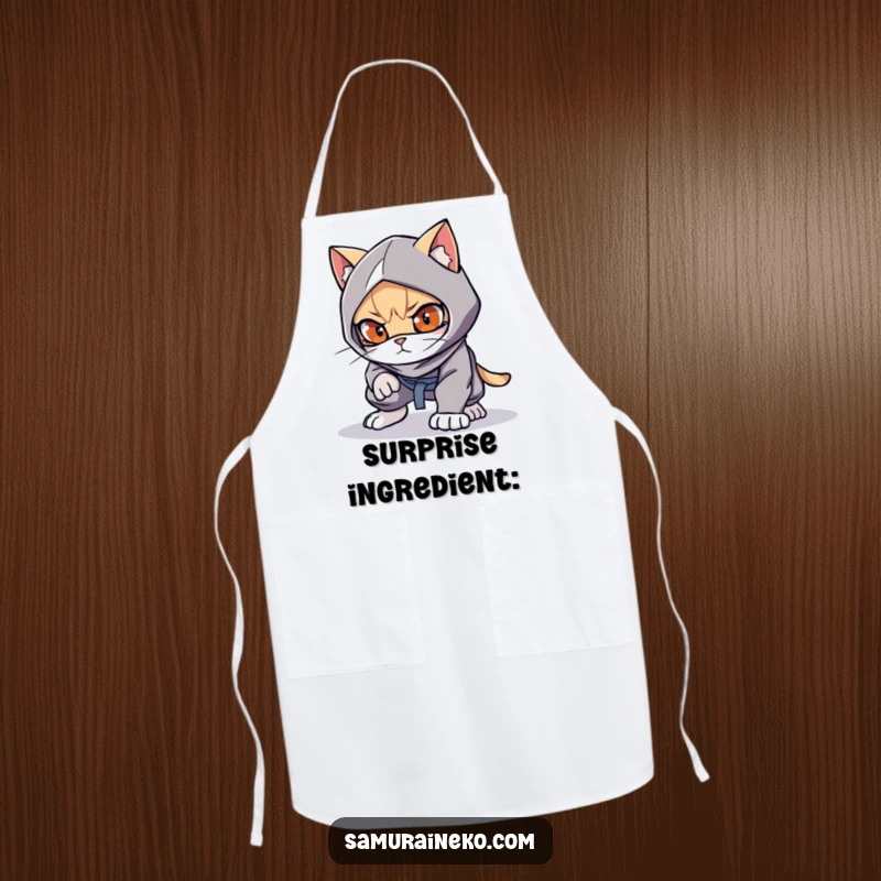 Funny cat ninja on an apron, crouched low, ready to pounce, a perfect funny gift.