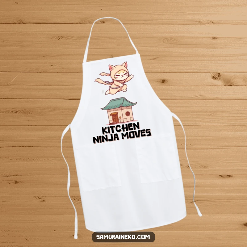 Funny apron with a cat ninja gracefully leaping onto a stylized rooftop, a humorous and practical item for stealthy cooking.