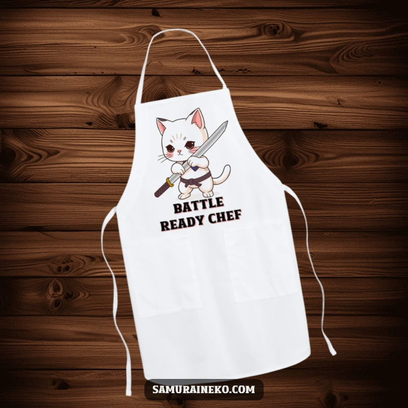 Funny cat character dramatically sheathing a minuscule katana with pride on a kitchen apron, a humorous cooking accessory.