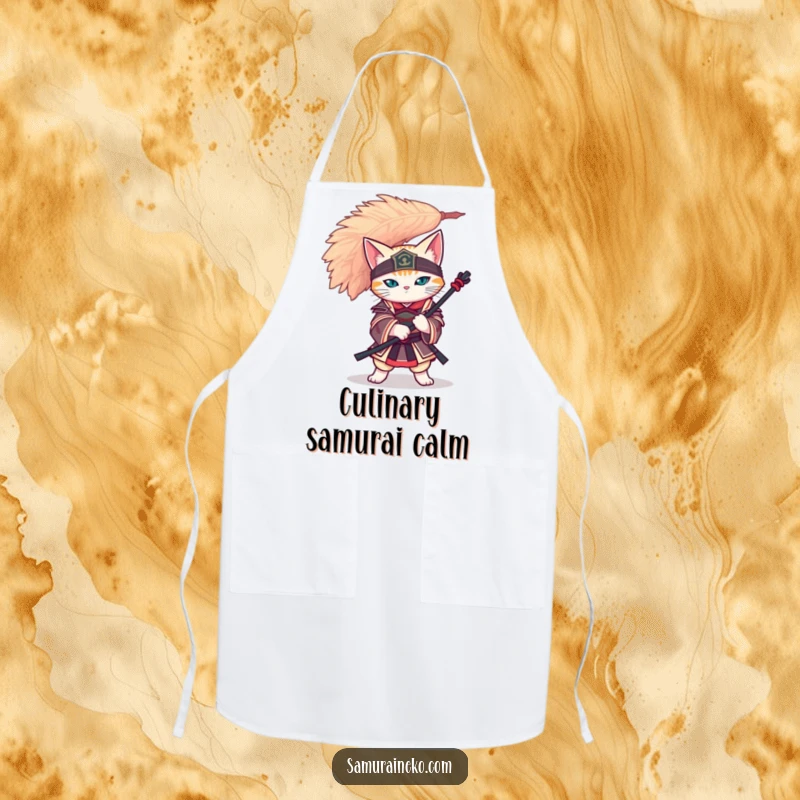 Funny cat samurai balancing a large feather on its head, ready for kitchen duty on a practical and fun apron.