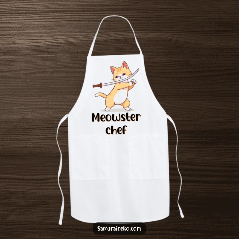 Funny cat samurai apron with a playful sword flourish, ideal for the humor-loving home chef or kitchen warrior.