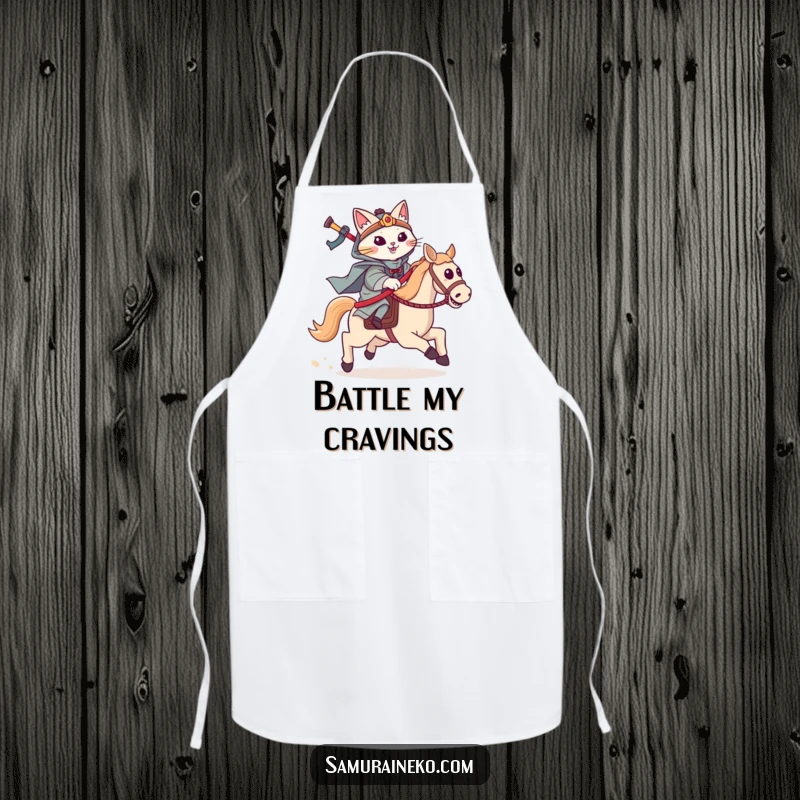 Funny cat samurai apron showing a feline warrior riding a hobby horse, charging forward with gleeful spirit.