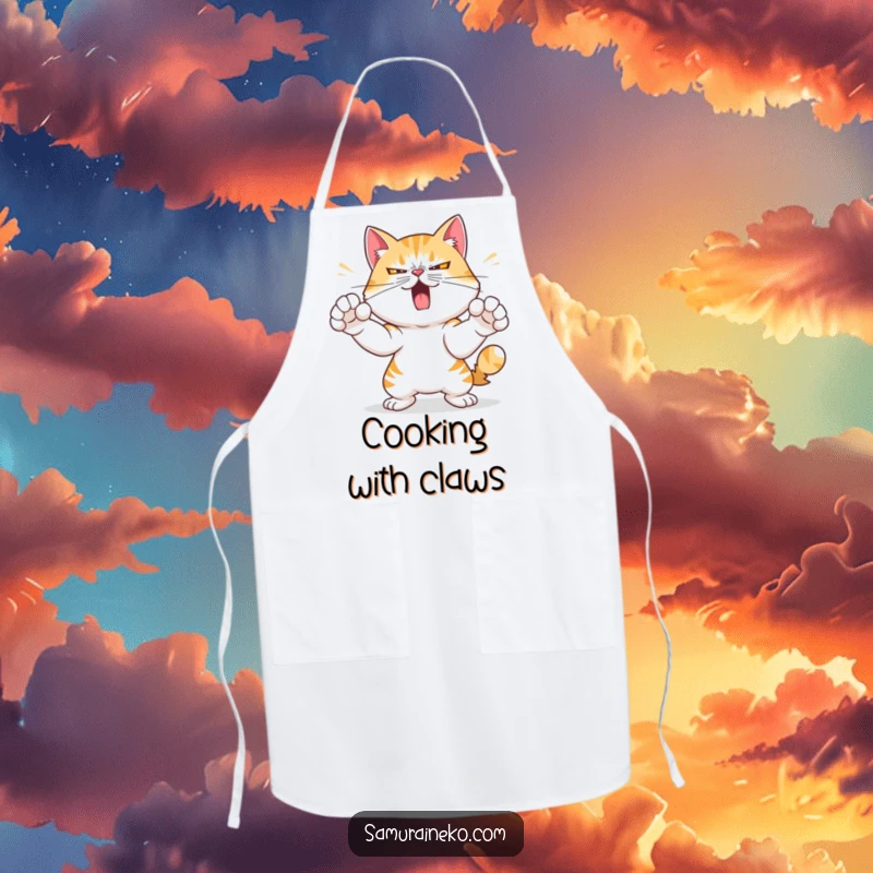Funny apron depicting a mischievous cat with a determined expression, practicing swift paw strikes, adding fierce charm to kitchen activities.