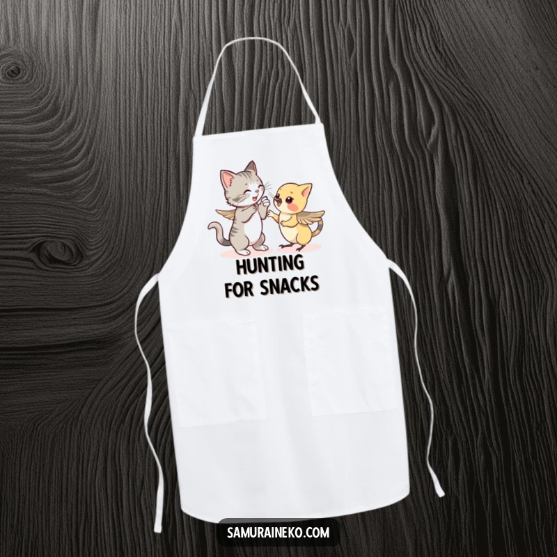 Funny apron: a cat playfully sparring with a shy sparrow, a humorous kitchen accessory for cooking enthusiasts.
