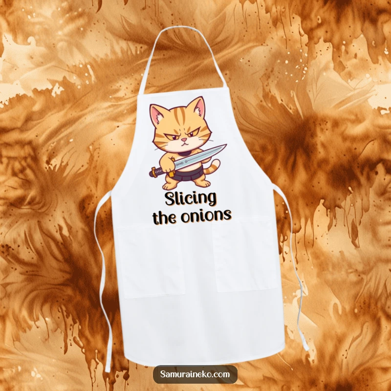 Funny apron showing a determined cat character sharpening a tiny sword, ready for kitchen adventures and humorous cooking.