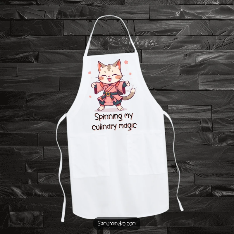 Funny apron depicting a happy feline samurai performing a celebratory spin. A functional funny gift.