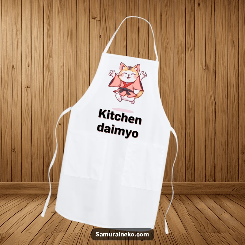 Funny cat in feudal Japanese warrior garb executing a triumphant leap, ready for kitchen duty on this apron.