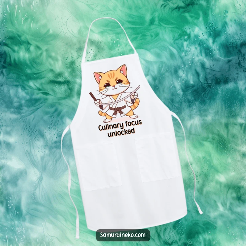 Funny cat practicing sword stances with intense focus and a slight smile, on a humorous apron.