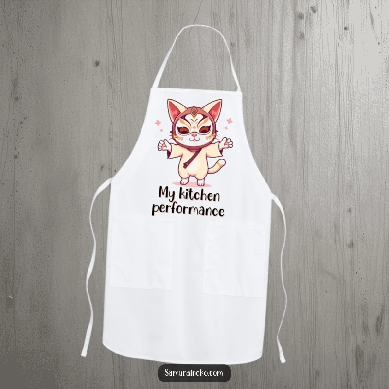 Funny Kabuki Cat Apron: A humorous apron showcasing a cat in a kabuki mask dancing, ideal for cooking and kitchen fun, a great funny gift.