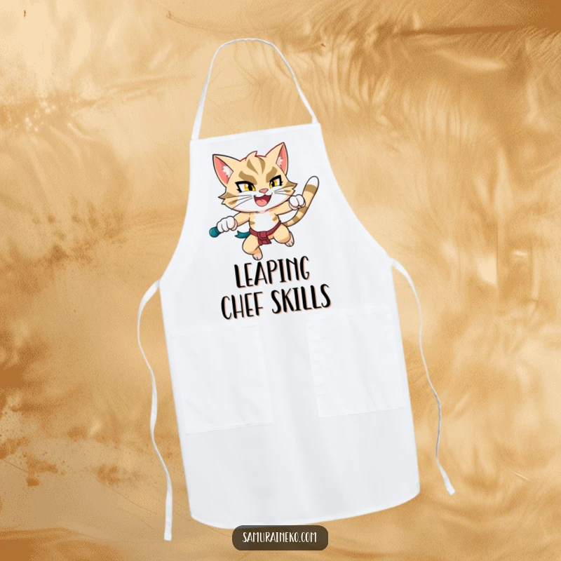 Funny Leaping Cat Apron: A protective apron featuring a determined and happy cat warrior mid-leap, perfect for cooking.