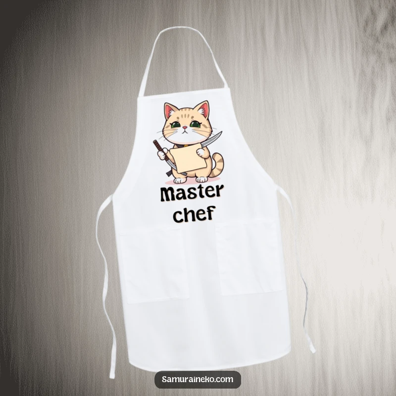 Funny cat holding a miniature katana with pride and a small scroll, ready for kitchen duty on this apron.