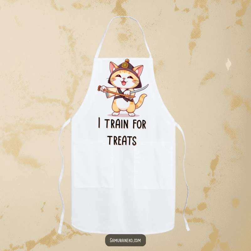 Funny apron featuring a cat in a ronin hat practicing sword forms with a joyful expression, ready for culinary mastery.