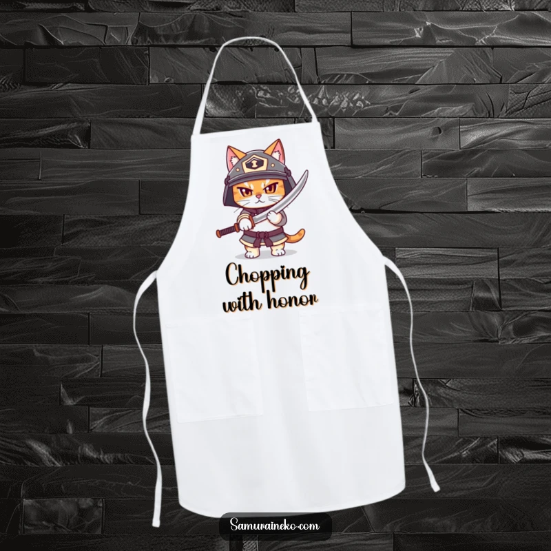 Funny apron featuring a determined cat in a helmet, bravely unsheathing a small katana, ready for kitchen battles with humor.