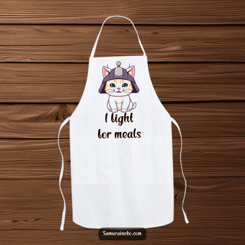 Funny apron featuring a determined cat in a samurai helmet, ready for cooking battles with a humorous warrior spirit.