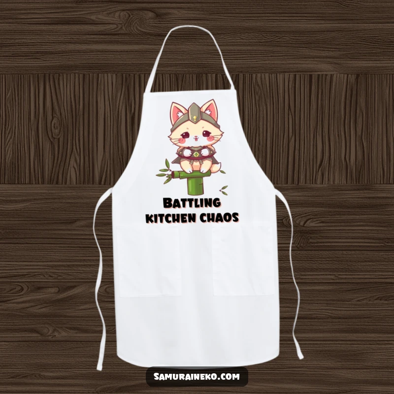 Funny Samurai Cat apron design with a fluffy armored cat balancing on a bamboo stalk, ideal for protecting clothes while adding kitchen humor.