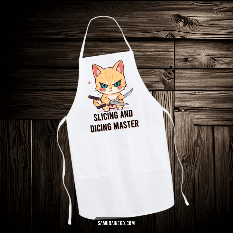 Funny apron depicting a determined cat drawing a small katana, perfect for adding humor and focus to kitchen duties.