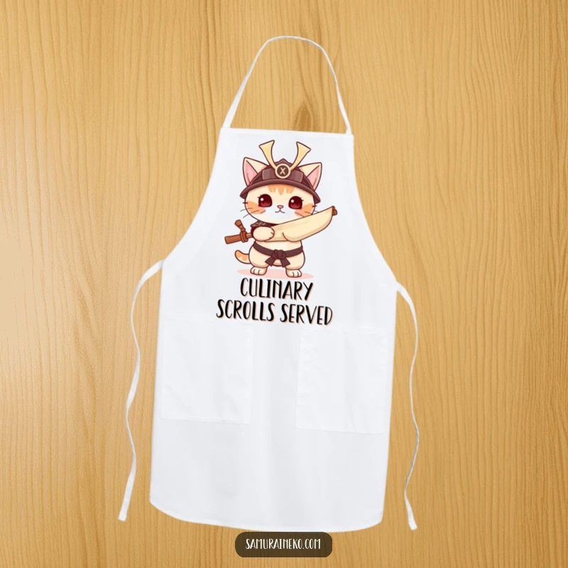 Funny cat in samurai helmet with a scroll, durable kitchen apron, great funny gift for cooks.