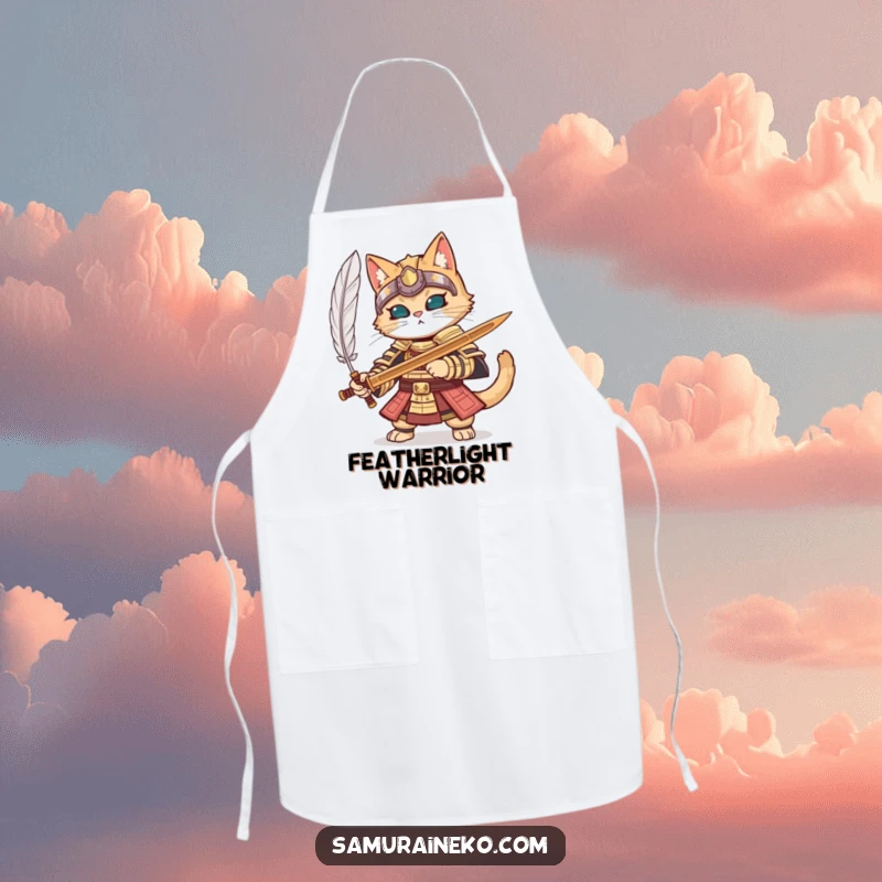 Funny cat in full samurai armor parrying a feather with a wooden sword, on a detailed apron.