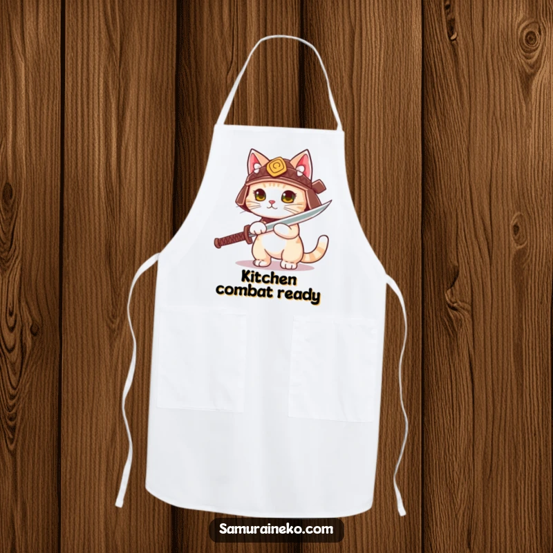 Funny cute cat wearing a tiny samurai helmet unsheathing a playful sword, on a humorous apron.