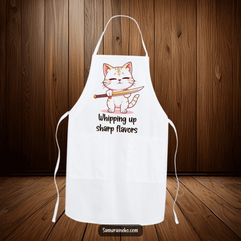 Funny apron showcasing a cat samurai sharpening its sword with intense focus and a satisfied smile. A functional funny gift.