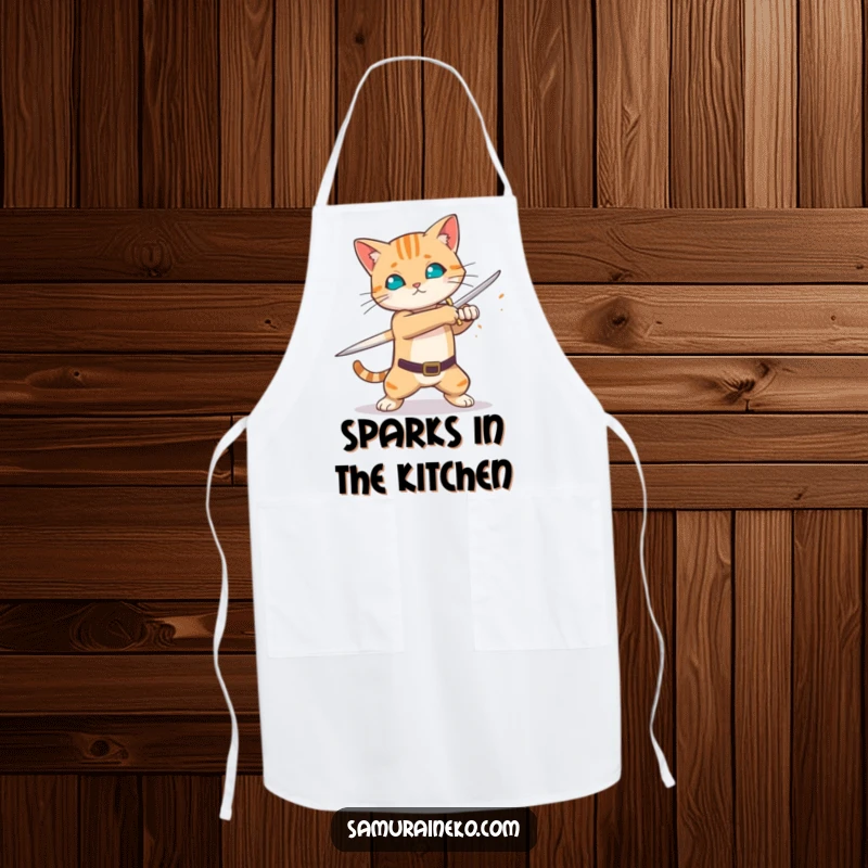 Funny cat practicing sword swing, sparks flying, durable kitchen apron, great funny gift for cooks.