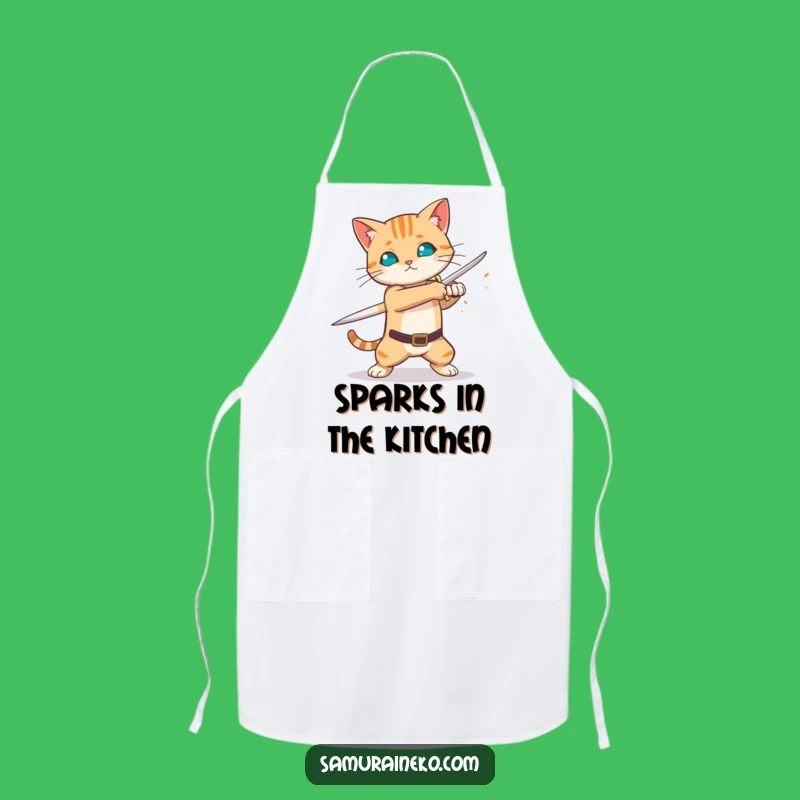 Funny Sword Swing Cat Apron - Fiery Blade Kitchen Protector - Hilarious Chef Gift