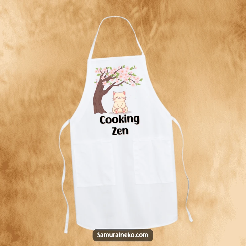 Funny cat apron depicting a cat meditating peacefully under a delicate cherry blossom tree.