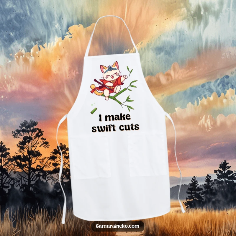Funny cat samurai on an apron, leaping over bamboo with a flourish, a perfect funny gift.