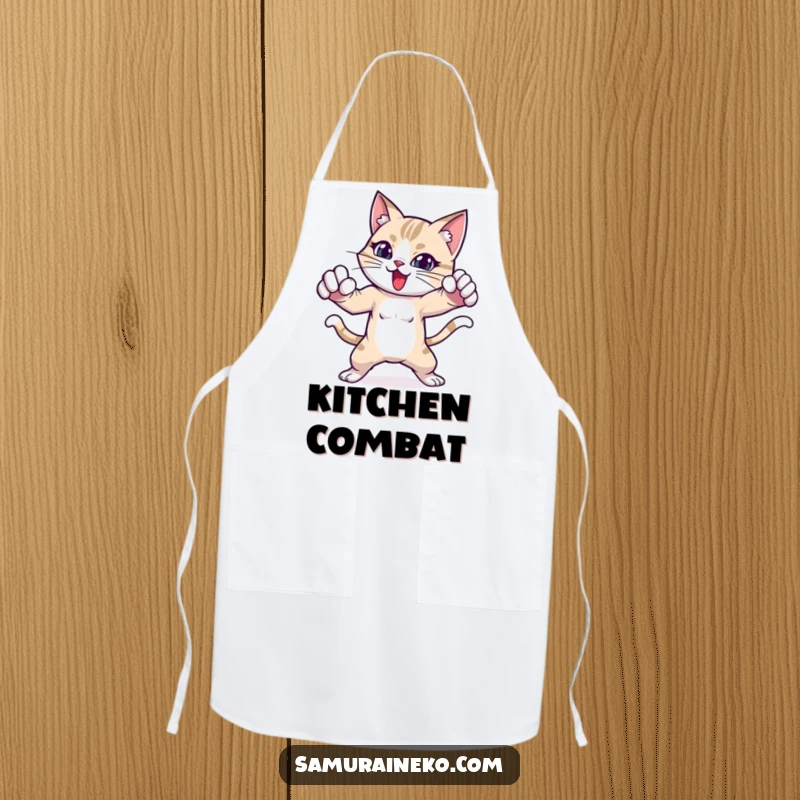Funny cat apron showing a cat character in a dynamic, playful fighting pose.