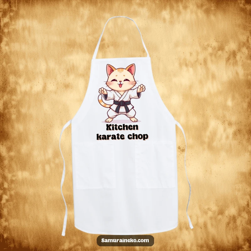 Funny Karate Cat Apron: A protective apron featuring a cat practicing karate poses with a wagging tail, perfect for cooking.
