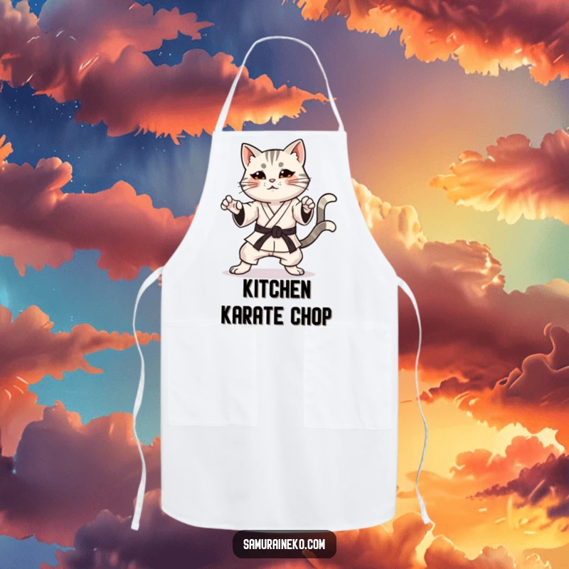 Funny apron with a karate cat in a determined pose and a happy, wagging tail, a humorous kitchen accessory.