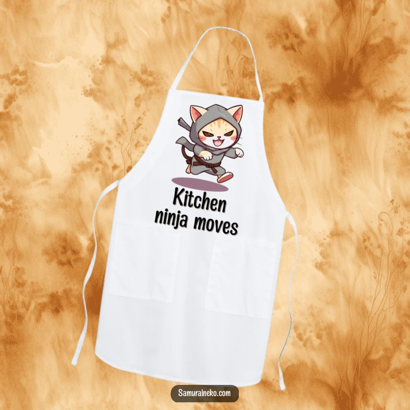Funny Cat Ninja Apron showing a cat ninja leaping from shadows with a mischievous grin, ideal for stealthy food preparation.