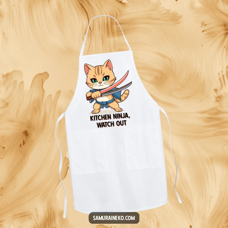 Funny Cat Katana Apron: A determined cat warrior with a tiny sword, ready to tackle culinary adventures with a humorous flair.