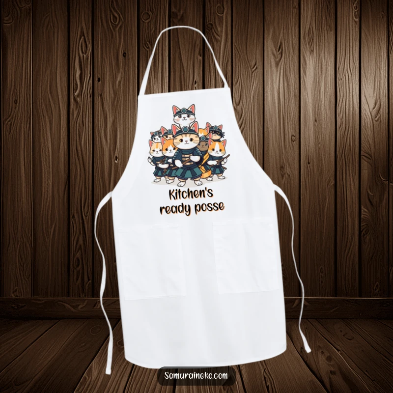 Funny cat samurai apron showing a group of cats in diverse samurai poses, prepared for playful cooking.
