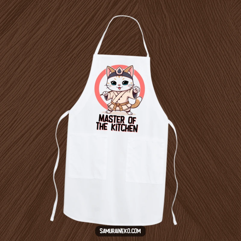 Funny Samurai Cat Apron: A smiling cat in samurai attire, ready to cook with disciplined focus and a humorous spirit.
