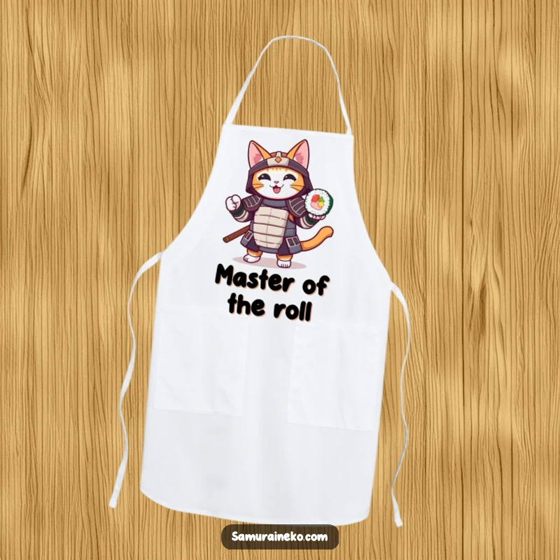 Funny apron with a samurai cat cheerfully holding a sushi roll, a humorous and stylish kitchen accessory.